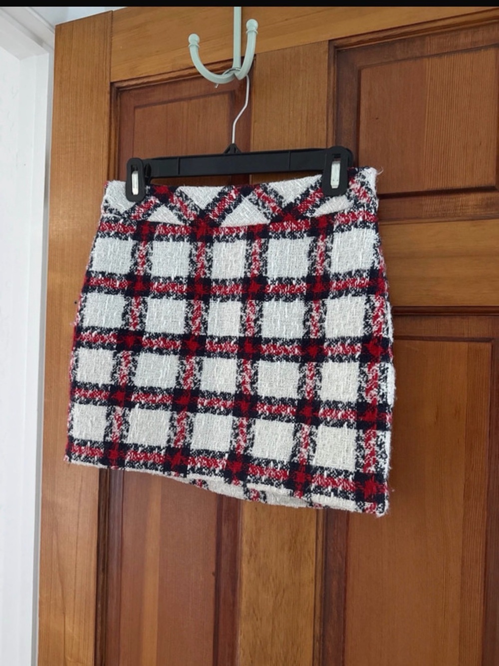 Anthropologie Endless Rose Red, Black & White Plaid Tweed Mini Skirt
